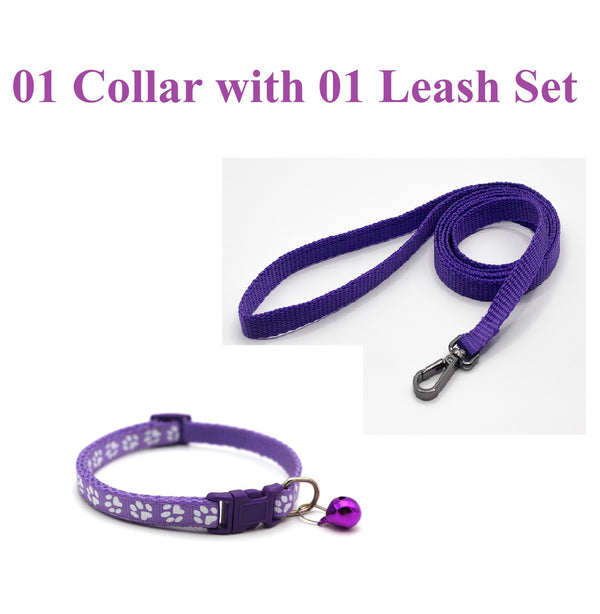 Pet Cat Nylon Neck Collar with Leash Regular Bell Paw Pattern