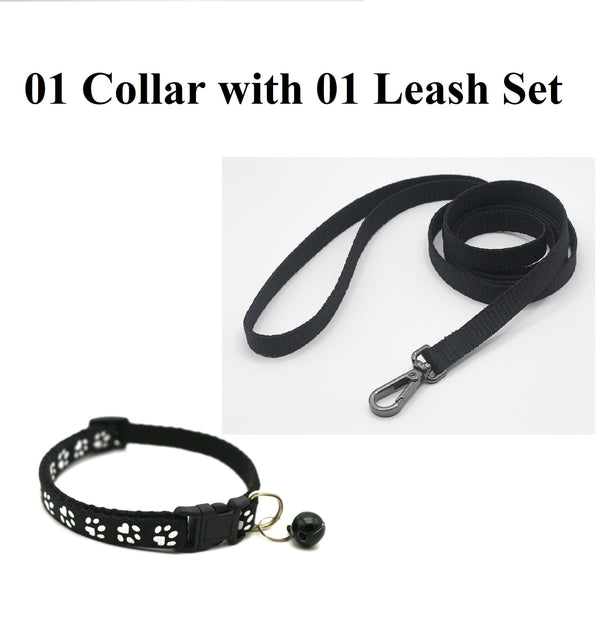 Pet Cat Nylon Neck Collar with Leash Regular Bell Paw Pattern