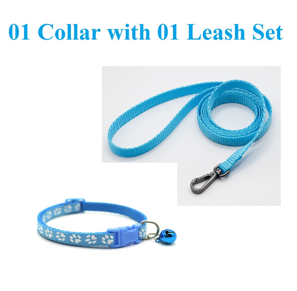 Pet Cat Nylon Neck Collar with Leash Regular Bell Paw Pattern
