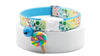 Colorful cat/dog collar with a lollipop charm on a white background