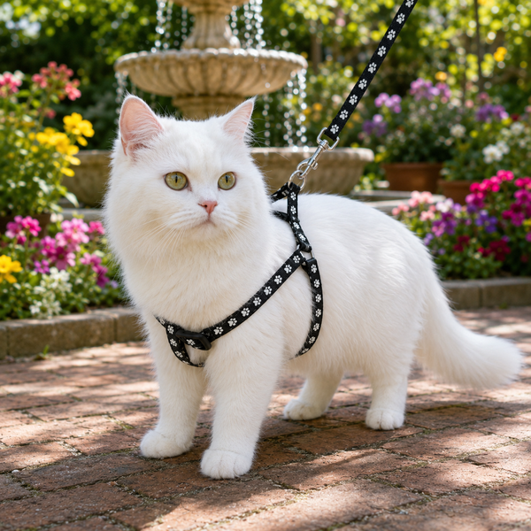 A fluffy white cat wearing a black harness with white paw-print patterns stands on a brick path in a garden with a fountain and colorful flowers in the background.