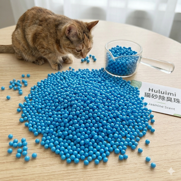 Cat interacting with blue cat litter beads on a table, with a scoop and packaging labeled
