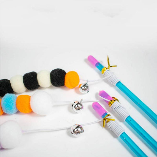 Furry Balls Cat Plastic Teaser Stick with Elastic Rope Kitten Toy
