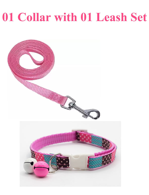 Dots Print Pet Cat Nylon Pink Neck Collar with Leash Double Bell