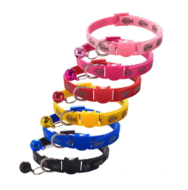 Kitten Adjustable Pet Cat Nylon Neck Collar With Regular Bell Fish Print