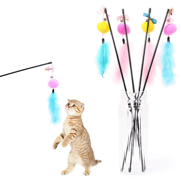 Elastic Rope Feather Furry Ball Cat Kitten Plastic Teaser Stick Toy