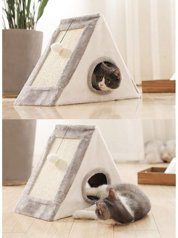 Cat House Triangle Warm Plush Bed Teaser Scratcher Board Cave Home