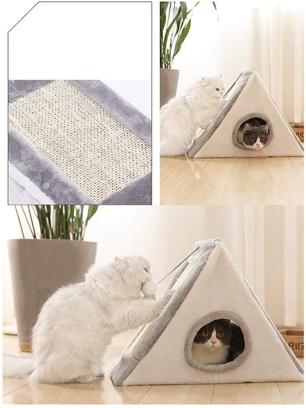 Cat House Triangle Warm Plush Bed Teaser Scratcher Board Cave Home