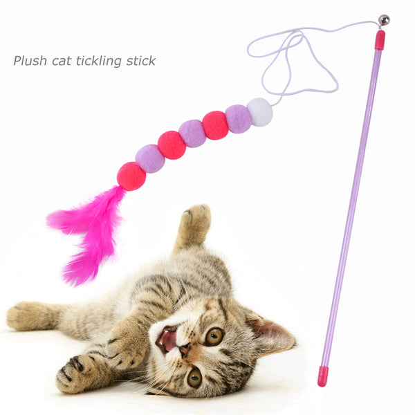 Furry Balls Cat Plastic Teaser Stick with Elastic Rope Kitten Toy