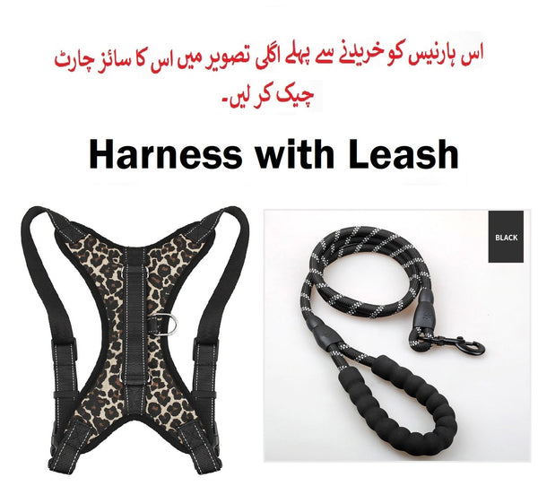 A black and leopard-print dog harness with matching leash shown on a white background, with red and black text reading 'Harness with Leash' and a small 'BLACK' label.