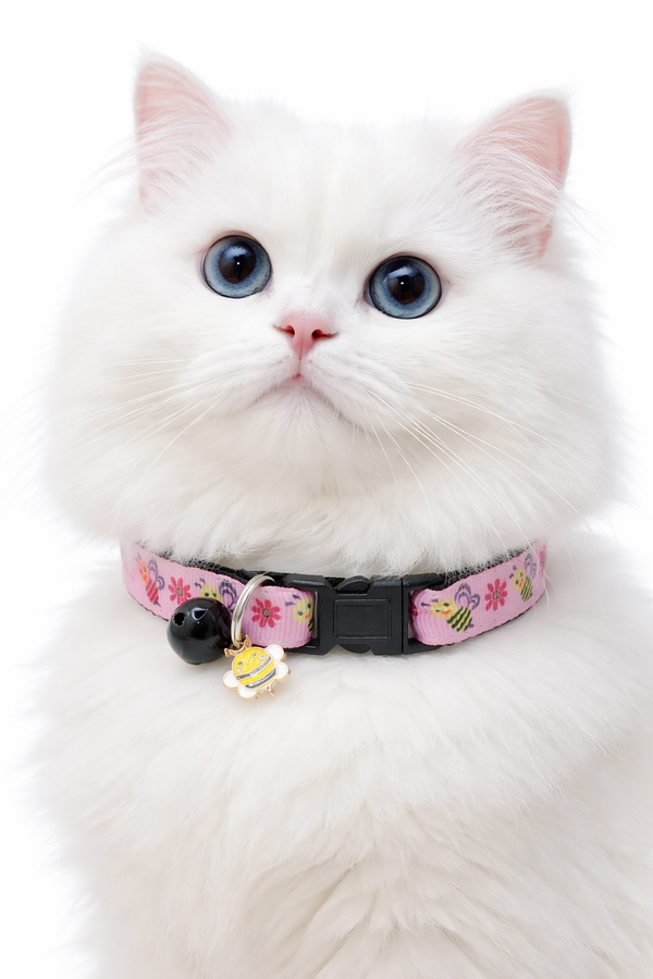 White cat wearing a pink floral collar with a bell on a white background, Bee Pendant Premium Quality Nylon Pet Cat Kitten Neck Collar with Bee Pendant Black Bell