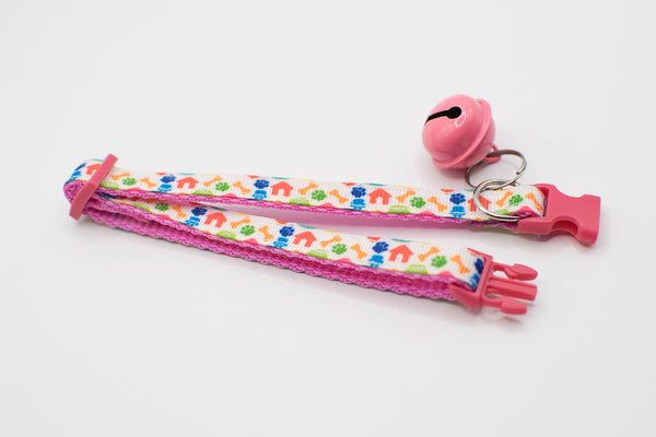Hand Made Bone Paw Pattern Adjustable Pet Cat Kitten Pink Neck Collar with Big Bell