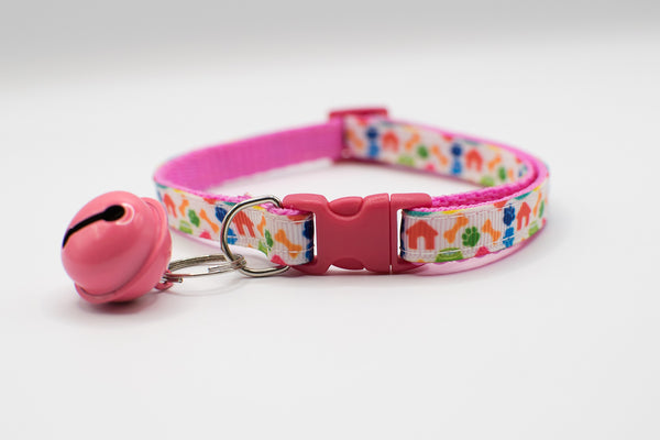 Hand Made Bone Paw Pattern Adjustable Pet Cat Kitten Pink Neck Collar with Big Bell