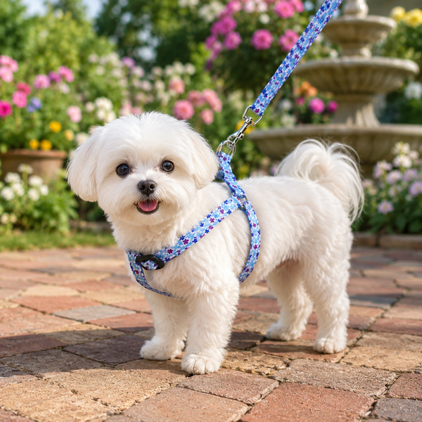 A small white dog standing on a brick path in a garden, wearing a blue floral harness and matching leash with silver hardware.