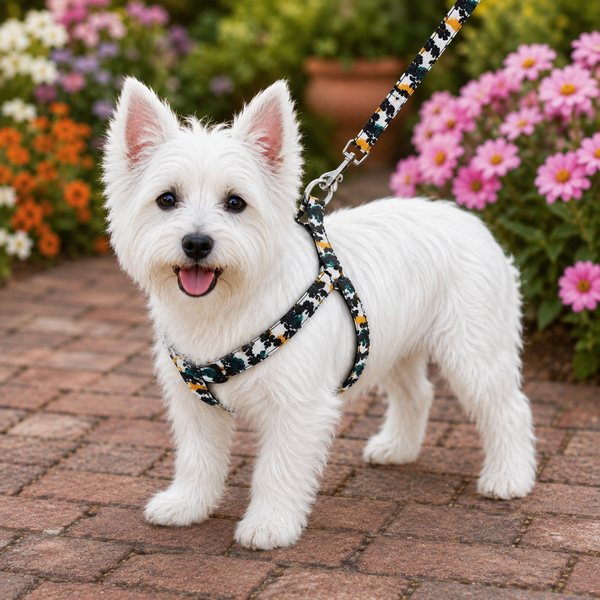 A small white dog standing on a brick patio in a garden, wearing a black harness and leash with a multicolor pattern.