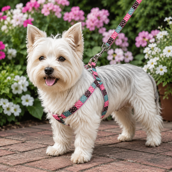 A small white dog standing on a brick patio in front of a garden of pink and white flowers, wearing a patterned harness and leash.