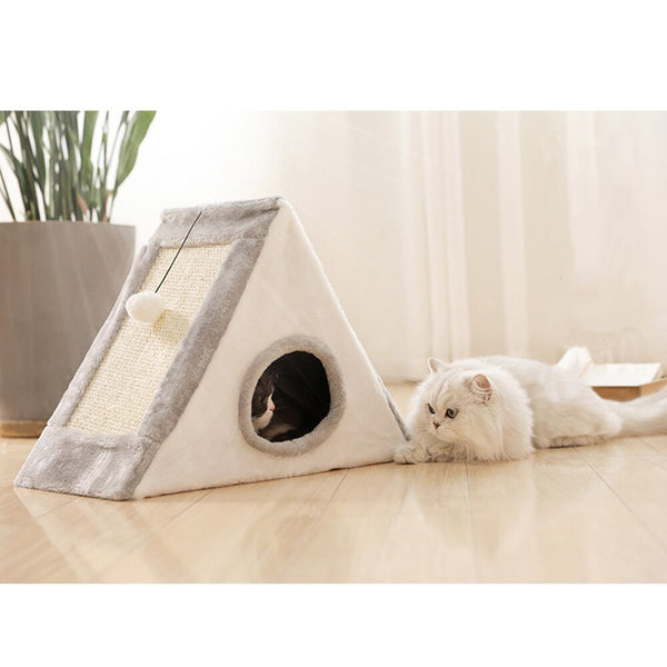 Cat House Triangle Warm Plush Bed Teaser Scratcher Board Cave Home