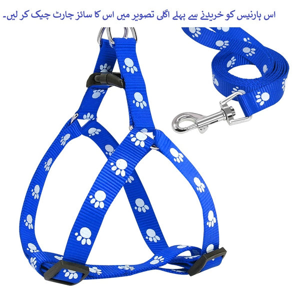 Small Breed Dog Cat Pet Walking Harness with Leash Soft Nylon Paw Pattern