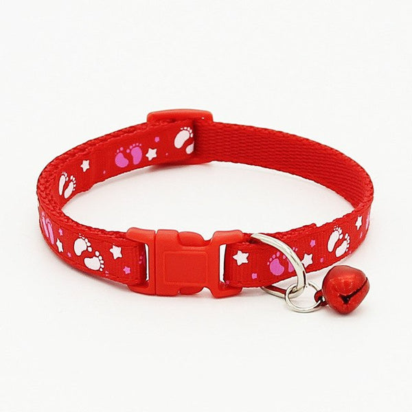 Pet Kitten Cat Adjustable Foot Print Nylon Regular Neck Collar With Bell