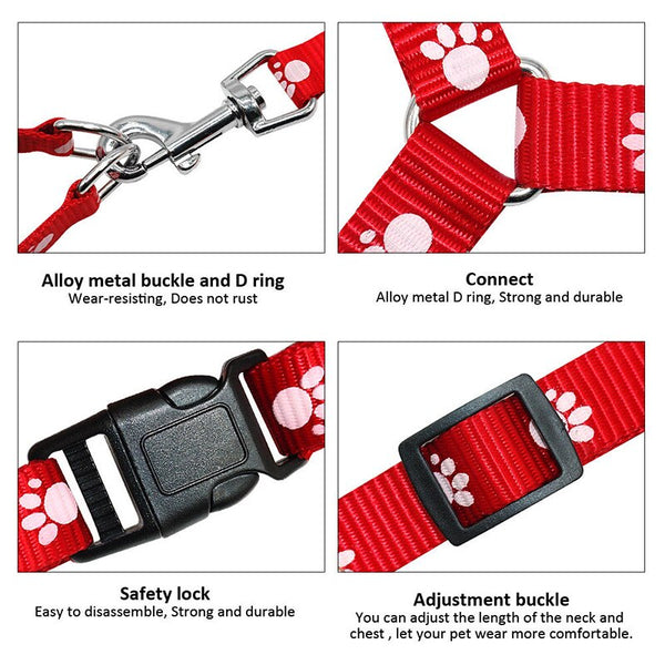Small Breed Dog Cat Pet Walking Harness with Leash Soft Nylon Paw Pattern