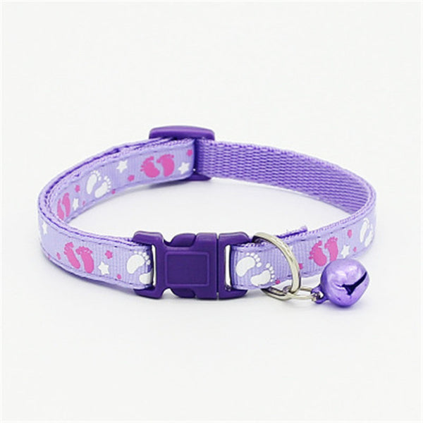 Pet Kitten Cat Adjustable Foot Print Nylon Regular Neck Collar With Bell