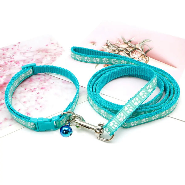Paw Pattern Adjustable Pet Cat Nylon Neck Collar With Leash Regular Bell