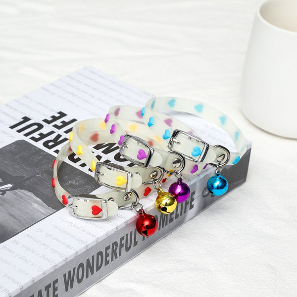 Cat Kitten Neck Collar with Cute Bell Heart Pattern Silicone Glow in Dark