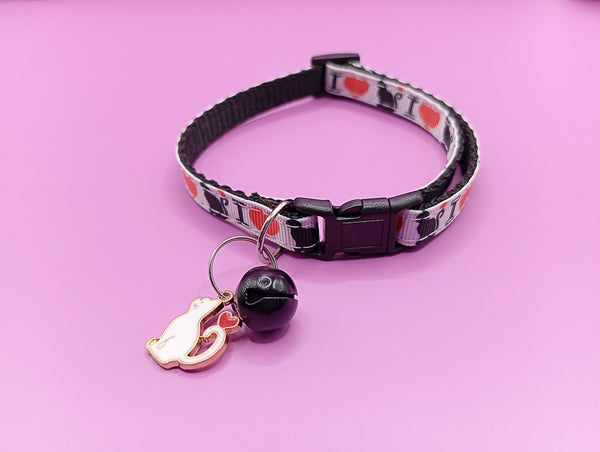 Cat Kitten Black Neck Collar with White Cat Pendant