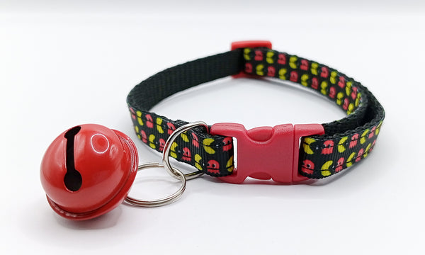 Quick Release Buckle and Red Big Bell Pet Cat Kitten Hand Made Pack Man Black Neck Collar