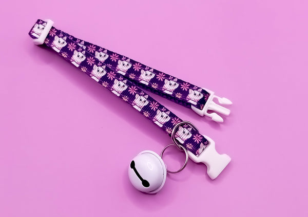 White Quick Release Buckle and Big Bell Pet Cat Kitten Hand Made Adjustable Neck Collar