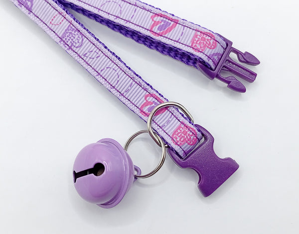 Neck Collar Quick Release Buckle and Big Bell Pet Cat Kitten Hand Made Adjustable Purple Heart Pattern