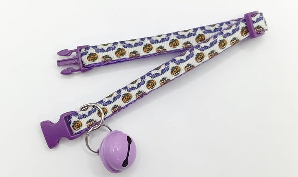 Pumpkin Pattern Quick Release Buckle and Big Bell Pet Cat Kitten Hand Made Neck Collar