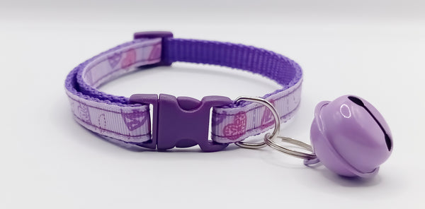 Neck Collar Quick Release Buckle and Big Bell Pet Cat Kitten Hand Made Adjustable Purple Heart Pattern