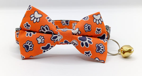 Cat Kitten Fabric Paw Pattern Nylon Hand Made Bow Neck Collar with Bell