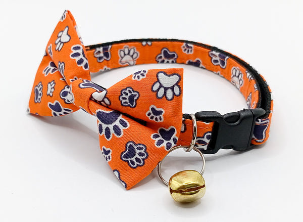 Cat Kitten Fabric Paw Pattern Nylon Hand Made Bow Neck Collar with Bell