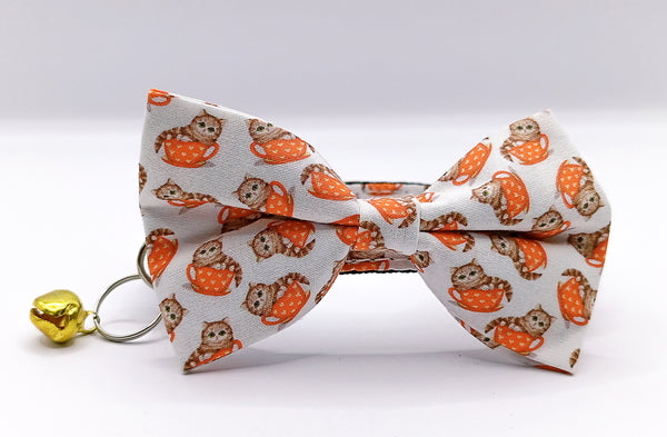 Cat Cup Pattern Pet Kitten Nylon Hand Made Fabric Bow Neck Collar with Bell