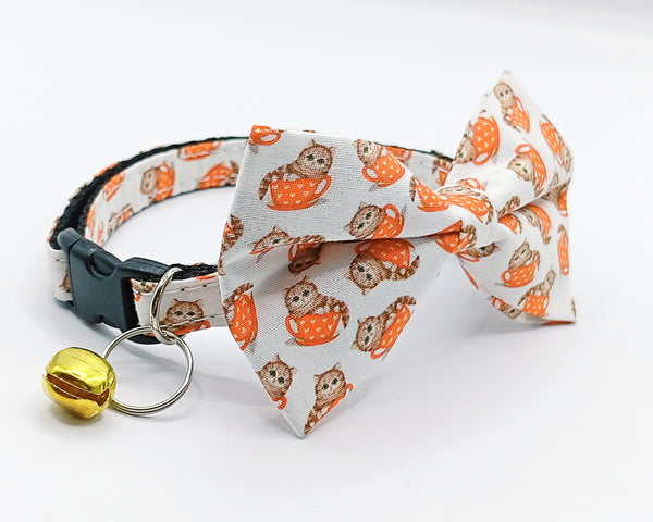 Cat Cup Pattern Pet Kitten Nylon Hand Made Fabric Bow Neck Collar with Bell