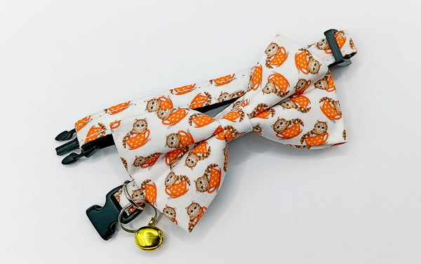 Cat Cup Pattern Pet Kitten Nylon Hand Made Fabric Bow Neck Collar with Bell