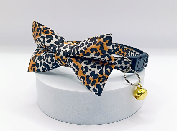 Cat Pet Kitten Hand Made Fabric Leopard Printed Bow Neck Collar With Golden Bell