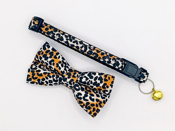 Cat Pet Kitten Hand Made Fabric Leopard Printed Bow Neck Collar With Golden Bell