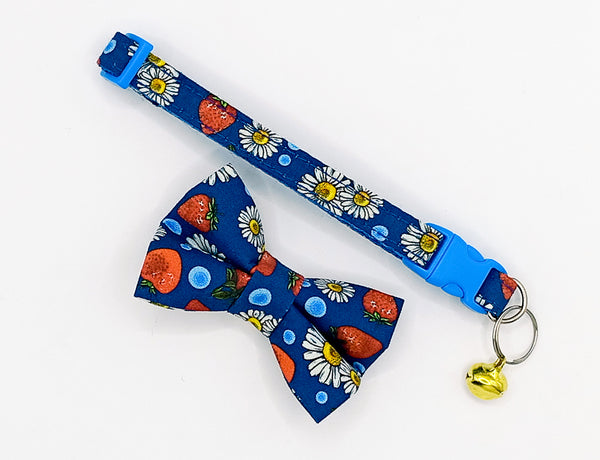 Floral Printed Bow Neck Collar With Golden Bell Cat Pet Kitten Hand Made Fabric