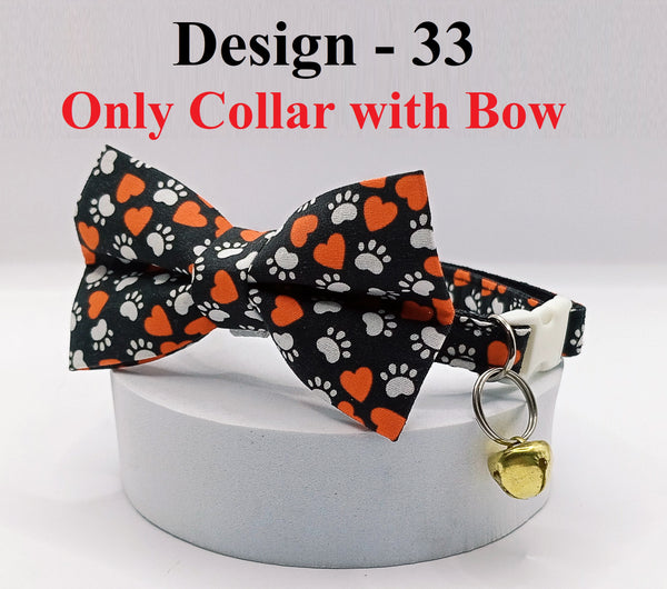 Paw Heart Printed Bow Neck Collar With Golden Bell Cat Pet Kitten Hand Made Fabric
