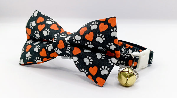 Paw Heart Printed Bow Neck Collar With Golden Bell Cat Pet Kitten Hand Made Fabric