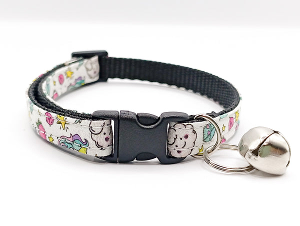 Unicorn Printed Cat Pet Kitten Hand Made Fabric Bow Neck Collar with Silver Bell