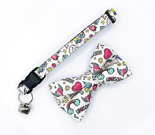 Unicorn Printed Cat Pet Kitten Hand Made Fabric Bow Neck Collar with Silver Bell