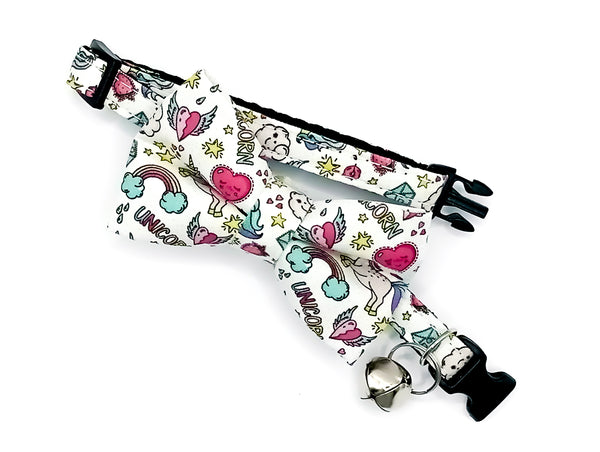 Unicorn Printed Cat Pet Kitten Hand Made Fabric Bow Neck Collar with Silver Bell