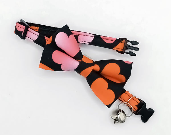 Heart Printed Cat Pet Kitten Hand Made Fabric Bow Neck Collar with Silver Bell