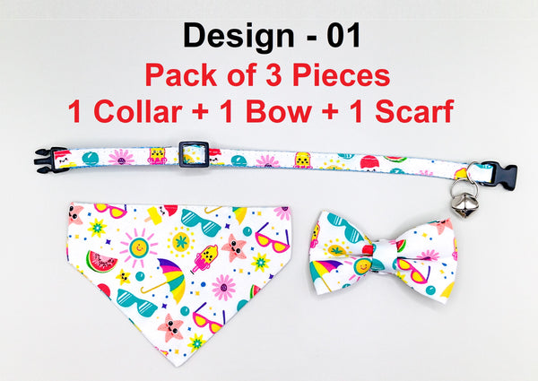 Multi Pattern Cat Pet Kitten Hand Made Fabric Bow, Scarf Neck Collar with Silver Bell