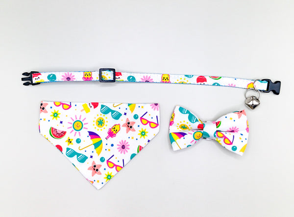 Multi Pattern Cat Pet Kitten Hand Made Fabric Bow, Scarf Neck Collar with Silver Bell