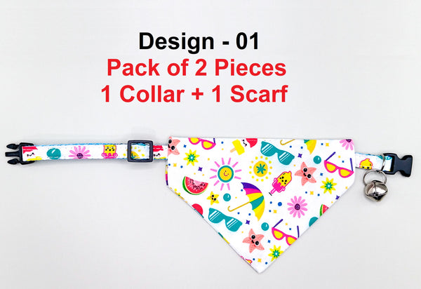 Multi Pattern Cat Pet Kitten Hand Made Fabric Bow, Scarf Neck Collar with Silver Bell
